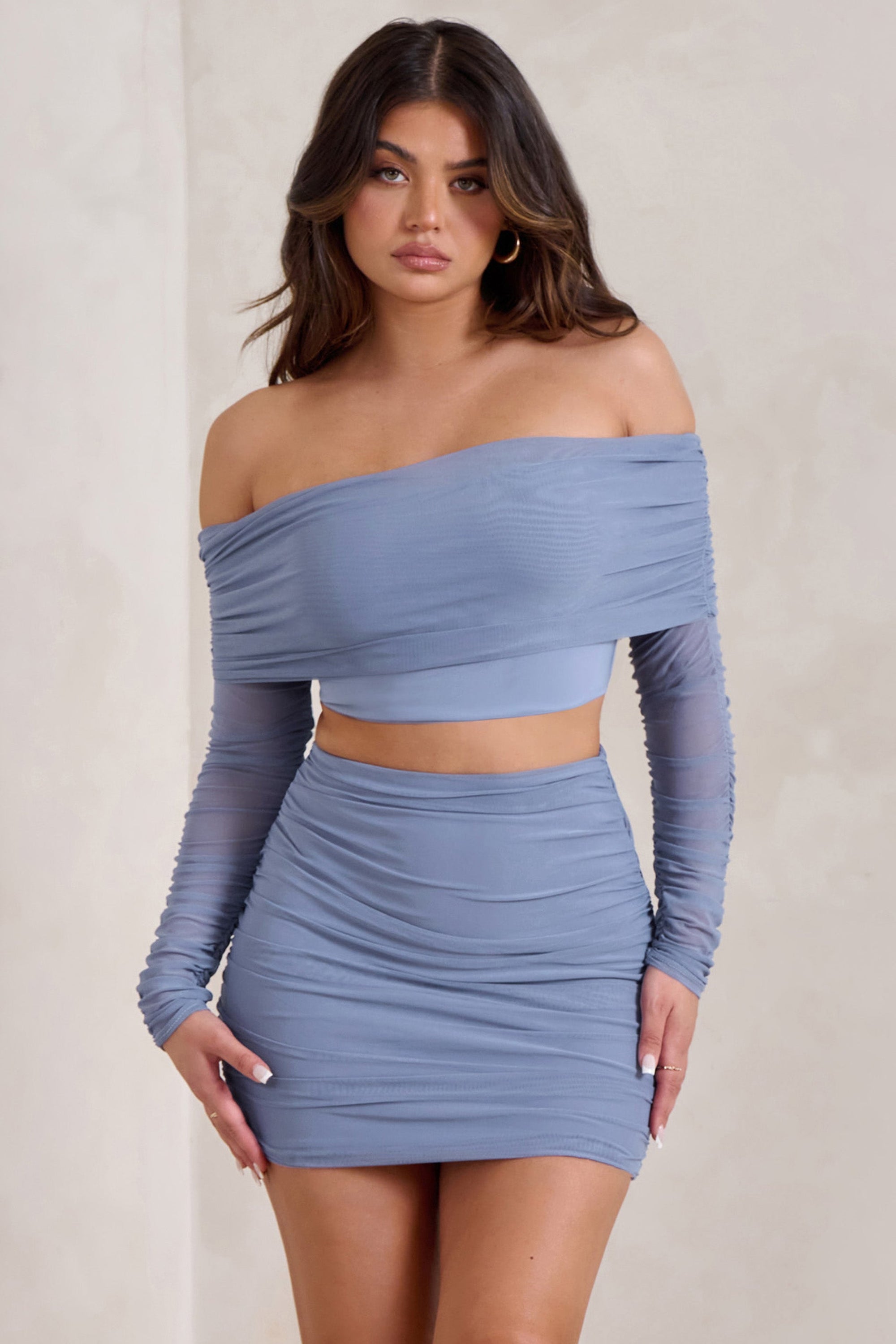 Rule Breaker | Crop top bardot en tulle fronce bleu bleuet